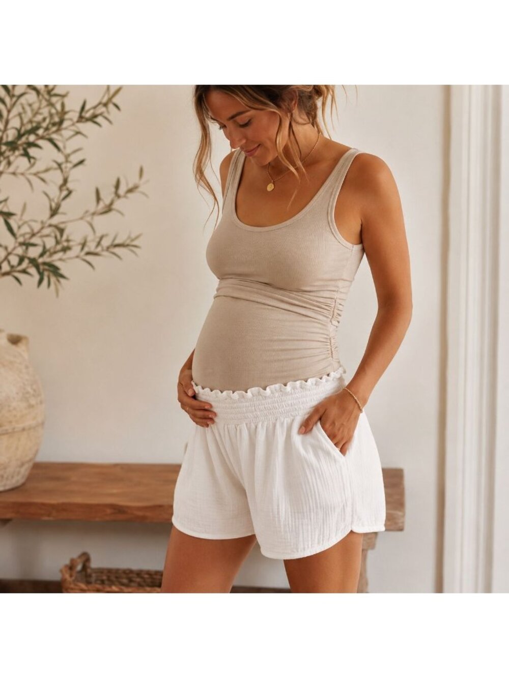Hatch Henri Maternity Shorts White Cotton Gauze Smocked Boho Babymoon Sz 4/XL